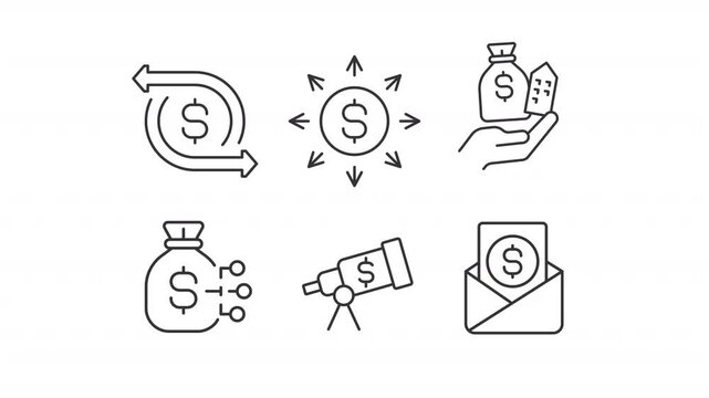 Animated financial management line icons. Budget planning animation set. Money organization process. Accounting service. Outline elements on white background. HD video with alpha channel