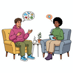 Mental Health Counseling Session with Male Patient and Female Psychologist Illustration © Fatimah