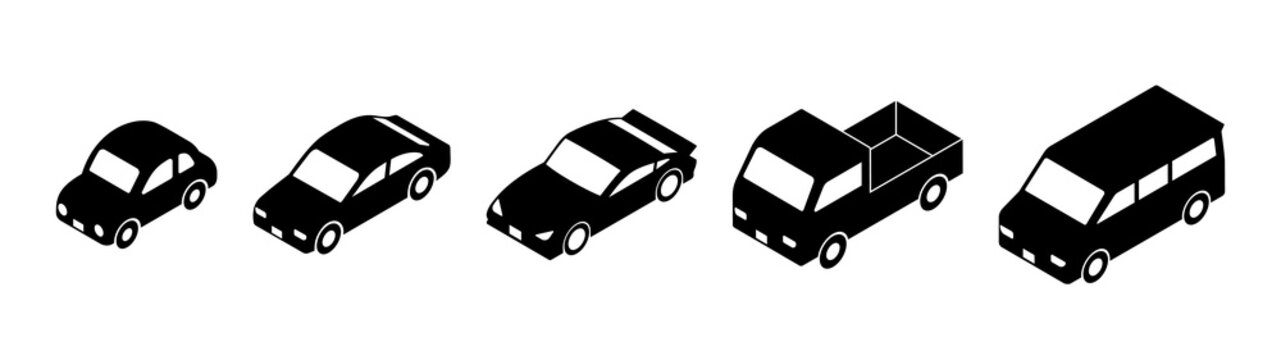 Car isometric set. Compact car, sedan, sports car, small truck, and minivan.