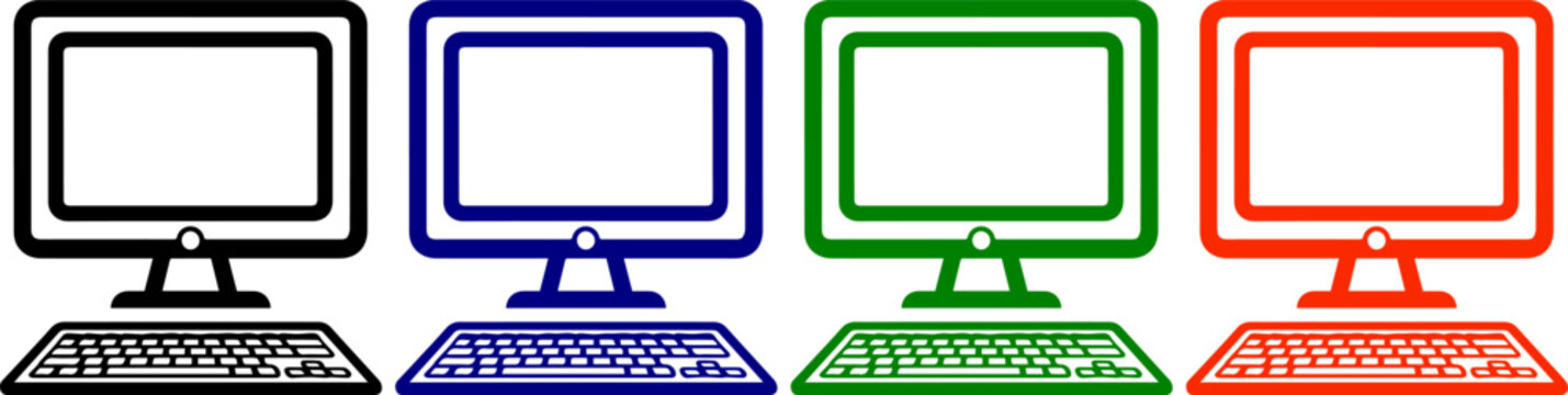 Desktop computer and keyboard vector illustration icons set black blue green orange