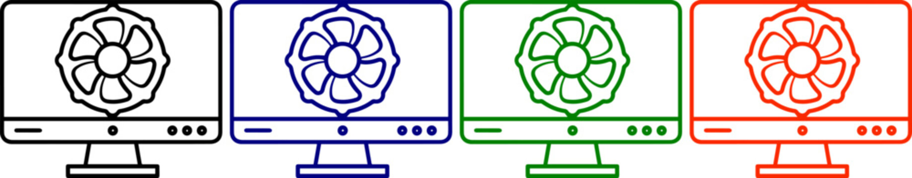Computer monitor with cooling fan vector illustration icons set black blue green orange
