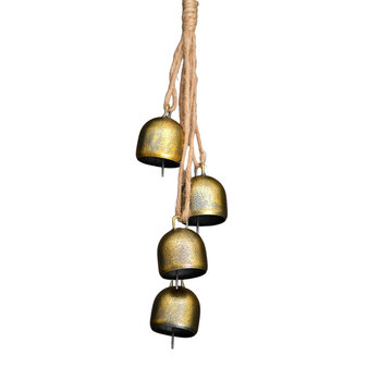 Rustic metal bells hanging on twine rope against transparent background. Decorative wind chime for holiday home interior and garden ornament. Vintage style craft object for festive design.