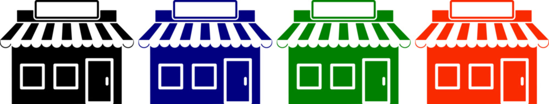 Storefront building icons with awnings in black blue green and red for commercial or retail business
