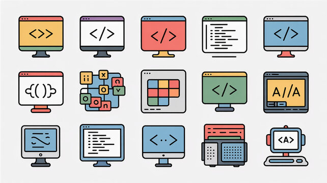 Collection of coding and programming icons representing software development and computer science concepts ideal for web design and app interfaces