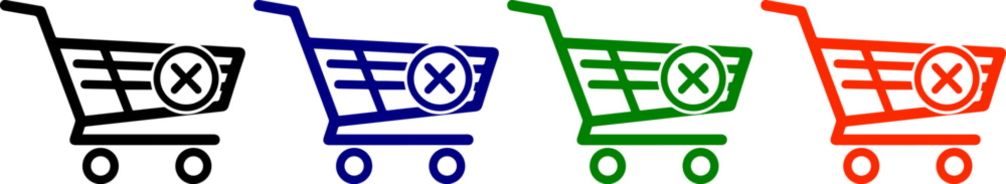 Shopping cart icons with cancel symbol in black, blue, green, and red, e-commerce concept