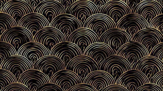 黒地に映える超詳細な黄金の波模様、伝統的な和風ファブリックデザイン