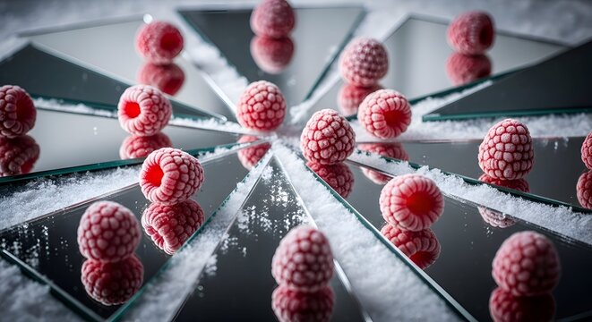 Vibrant raspberries reflected in triangular mirrors