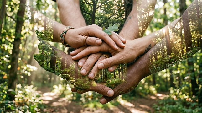 Four hands united in a teamwork gesture, overlaid on a serene forest path, symbolizing unity and nature.