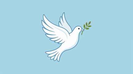 Obraz premium White dove carrying olive branch against a light blue background.
