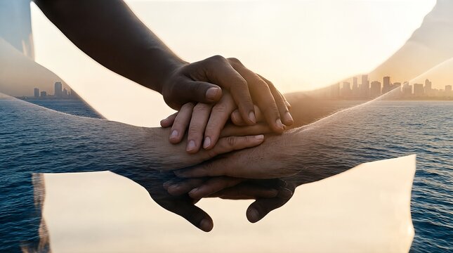 Hands stacked in unity against a cityscape and ocean backdrop, symbolizing teamwork.