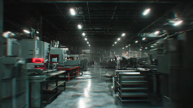 Industrial interior of a large factory space, powerful machines operating in a dark setting, creating a sense of advanced production and development with bright overhead lights