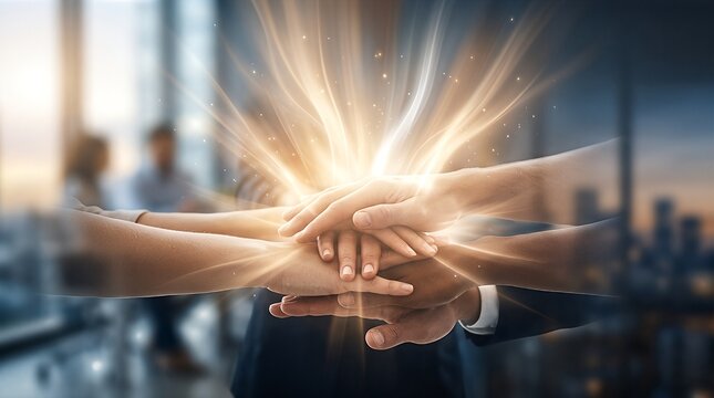 Close-up of hands stacked together, emitting light, symbolizing teamwork and synergy.