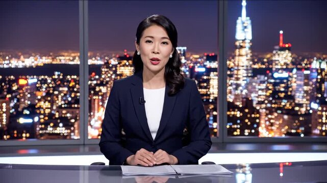 A woman in a professional attire sits at a desk with papers in front of her, set against a nighttime cityscape background