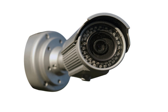 Security surveillance camera on transparent background. CCTV system for monitoring and protection. Digital video recorder technology for property safety. Equipment for private home safety observation.