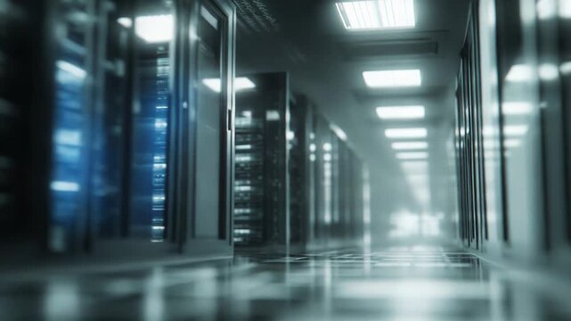 Server racks with blinking lights line a long aisle, creating an immersive high tech environment for modern data processing, hosting, and cloud computing infrastructure