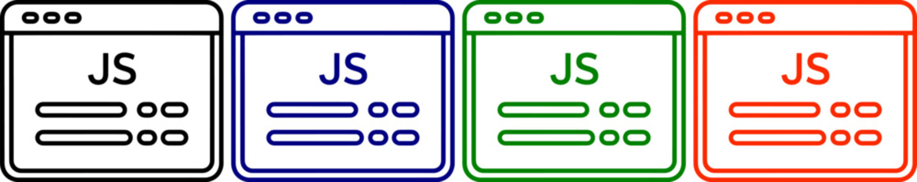 Javascript programming language browser window icon set for web development and coding