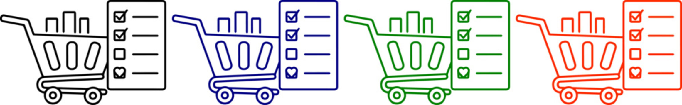 Shopping cart with checklist icon set for retail and online ordering services