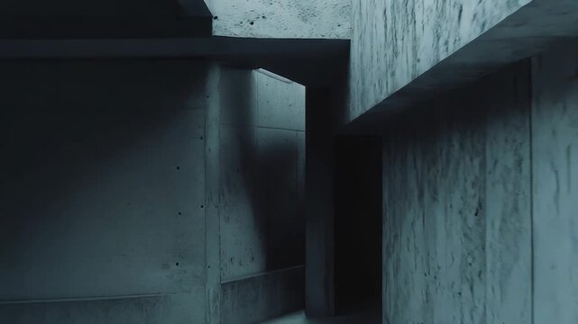 Brutalist concrete architecture creates a complex indoor maze with minimalist design, featuring industrial geometric shapes and deep shadows across textured walls