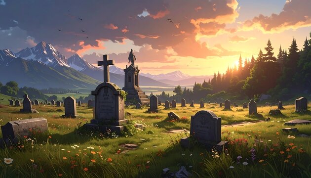 A serene mountain cemetery at sunset with vibrant flowers