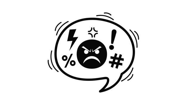 Black and white comic style speech bubble containing symbols and an angry face representing swearing and frustration.