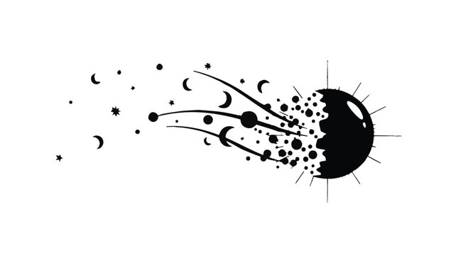 Abstract exploding celestial body with orbiting moons and stars