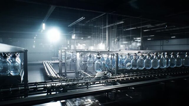 Clear glass bottles travel on a high tech conveyor in a sterile manufacturing plant as automated filling and sealing machinery performs precise pharmaceutical packaging and processing