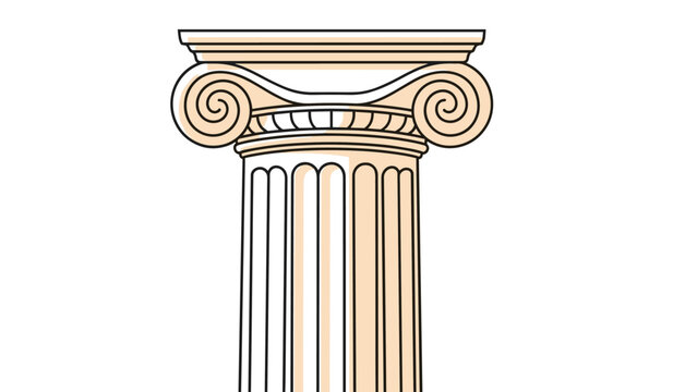 Close up illustration of a classical greek ionic column head with its distinctive spiral volutes and fluted shaft on a white background.