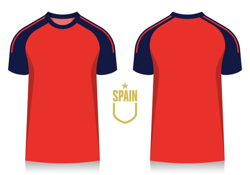 Soccer jersey or football kit template design for Spain national football team. Soccer shirt icon for football world tournament in 2026. Front and back view soccer jersey mockup. 