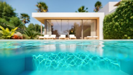 Fototapeta premium Modern luxury villa with poolside view, clear blue water, glass architecture, bright sunlight, tropical greenery, serene summer lifestyle, elegant exterior, peaceful high end vacation retreat scene.