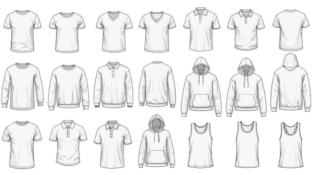 Versatile collection of blank white apparel mockups including t-shirts hoodies polo shirts and tank tops for fashion design and branding presentations.
