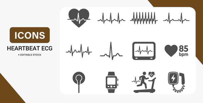 Heartbeat ECG Icon Set &ndash; Cardiac Monitoring, Arrhythmia Detection & Heart Health Symbols