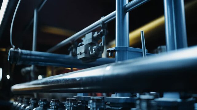 Detailed view of metal piping and flanges connected in a raw industrial setting, showing a complex mechanical system for fluid control and distribution