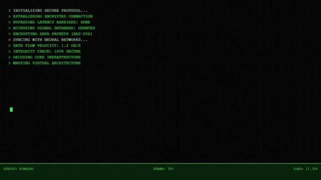 Secure Protocol Initialized and Process Completed Successfully Green Digital Terminal Screen Animation.