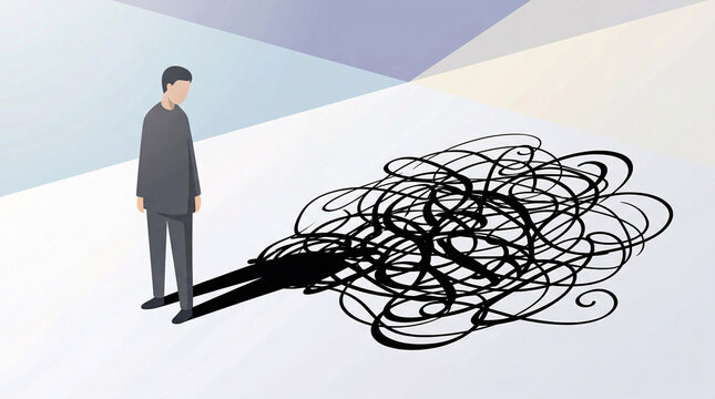 a faceless figure whose shadow is a complex, messy knot