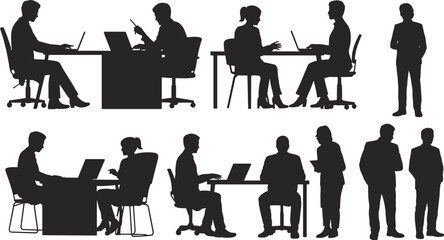 Fototapeta premium Business people silhouettes working with laptops and discussing, black office workers vector collection isolated on white background, corporate teamwork and professional illustration design
