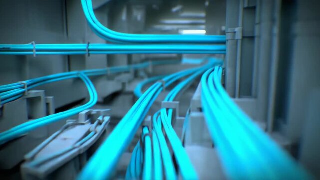 Blue illuminated data cables run through a server room, conveying information and connectivity in a high tech communication system, symbolizing modern technology and digital infrastructure