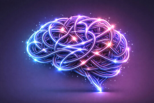 Digital illustration of tangled neon fiber optic cables forming brain