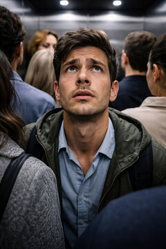 Distressed person looking up inside crowded modern metallic elevator