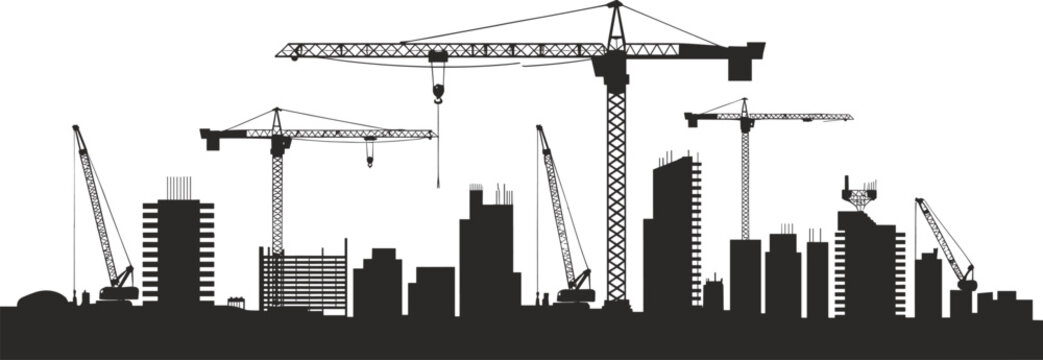 Construction site skyline with cranes and buildings silhouettes, urban development vector illustration isolated on white background, city architecture, engineering industry and building concept design