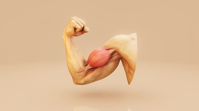 Conceptual 3D animation of a skinned arm with biceps anatomy