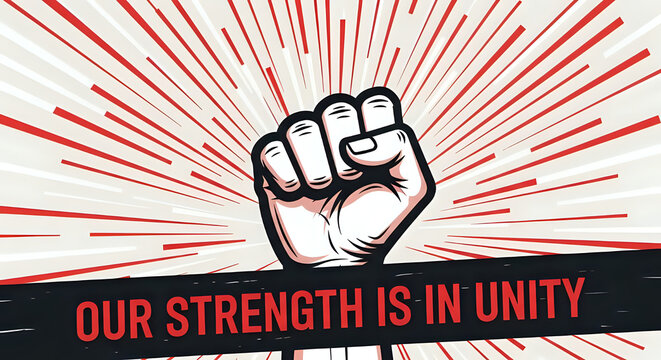 Raised fist symbolizing unity, strength, and solidarity with red rays, clenched fist