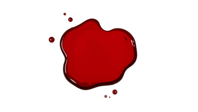 Vibrant crimson liquid spill forming an irregular abstract puddle with distinct droplets, starkly isolated on a pure white background, conveying intensity, danger, or a critical event
