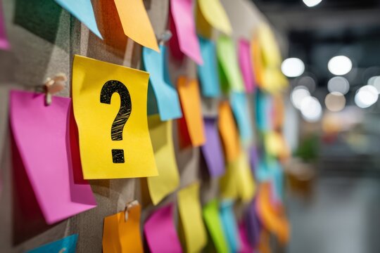 Question mark icon on colorful sticky notes wall,