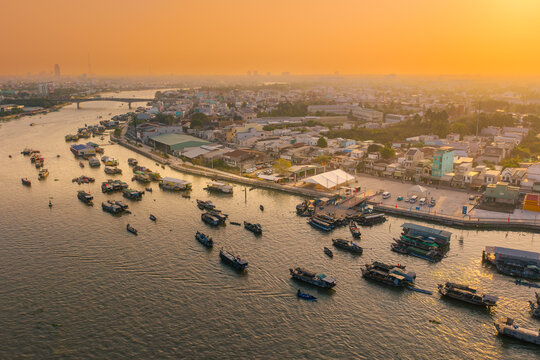 Aerial view of Cai Rang floating market, Can Tho, Vietnam. It is famous market in Mekong Delta, Vietnam with many boats and ship