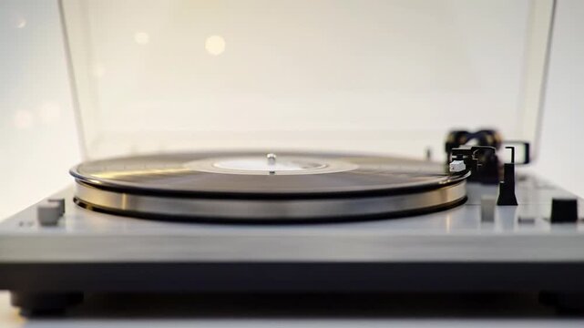 A black vinyl record with a white label spins on a retro silver turntable, low-angle medium close-up, soft bokeh, light dust motes, white background. Concept of analog audio nostalgia