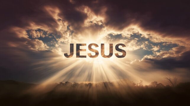 A powerful spiritual showing the name &ldquo;Jesus&rdquo; formed in radiant light breaking through dramatic clouds above a peaceful landscape.