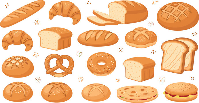 Baked Goods and Bread Vector Set with Loafs, Croissants, Pretzels, Bagels and Cookies