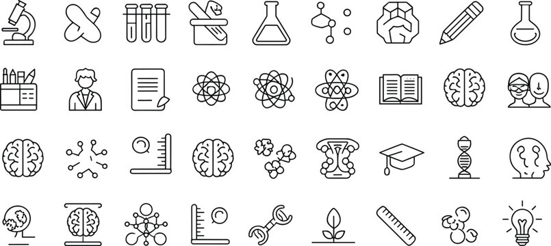 Science and education line icon set with laboratory tools, research, biology, chemistry, physics, learning, innovation and academic symbols