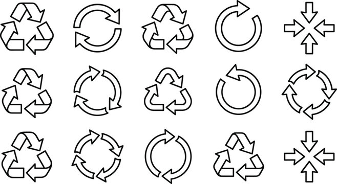 Recycling and Circular Arrow Line Icon Collection Featuring Refresh, Repeat, Rotation, Reuse, Sustainability, Loop, and Directional Flow Symbols for Eco and System Design