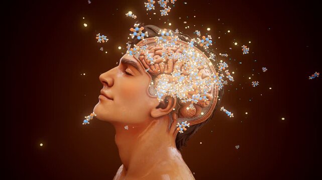 Conceptual 3D animation of a happy man with visible brain and caffeine and happiness molecules